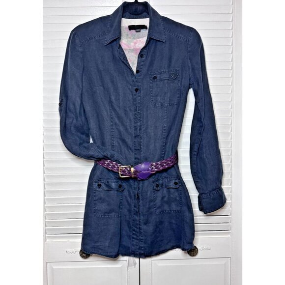 Womens French 100% Linen Navy Blue Roll Tab Sleeve Tunic Shirt Jacket Size Small - Picture 6 of 13